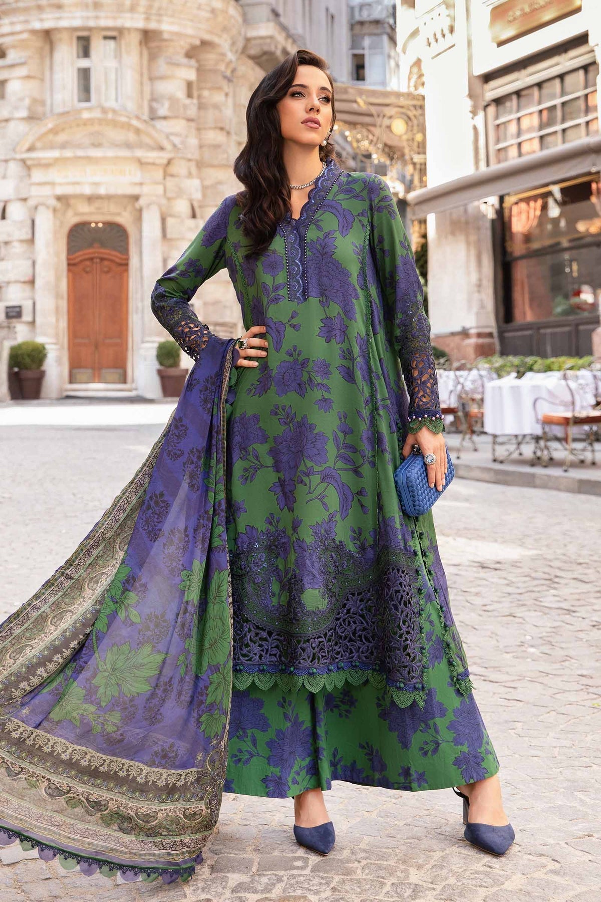 3 Piece Unstitched Printed Cambric Suit | MPT-2309-B Maria B